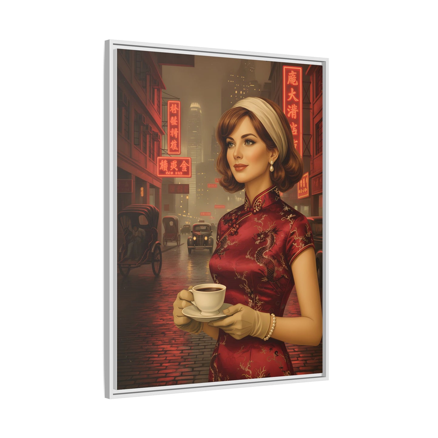 Elegant vintage woman drinking coffee on neon street in Hong Kong Canvas — Framed Matte Wall Art