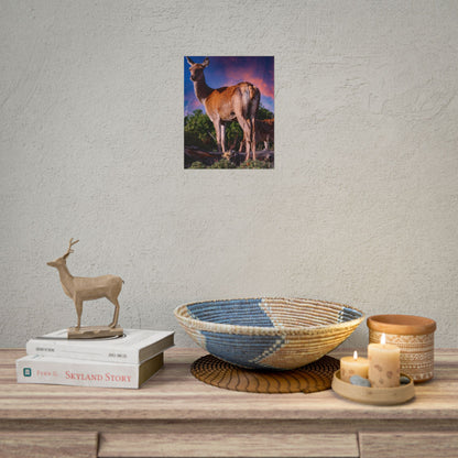 Majestic Deer Sunset Poster, Wild Doe and Fawn Nature Art, Purple Sky Wildlife Photography, Aesthetic Forest Wall Decor