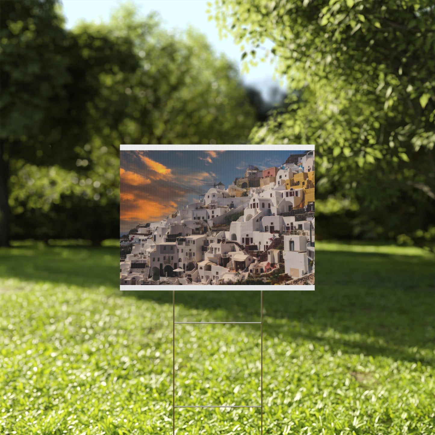 Santorini Sunset Yard Sign, Oia Greece Garden Decor, Mediterranean Outdoor Welcome Sign,