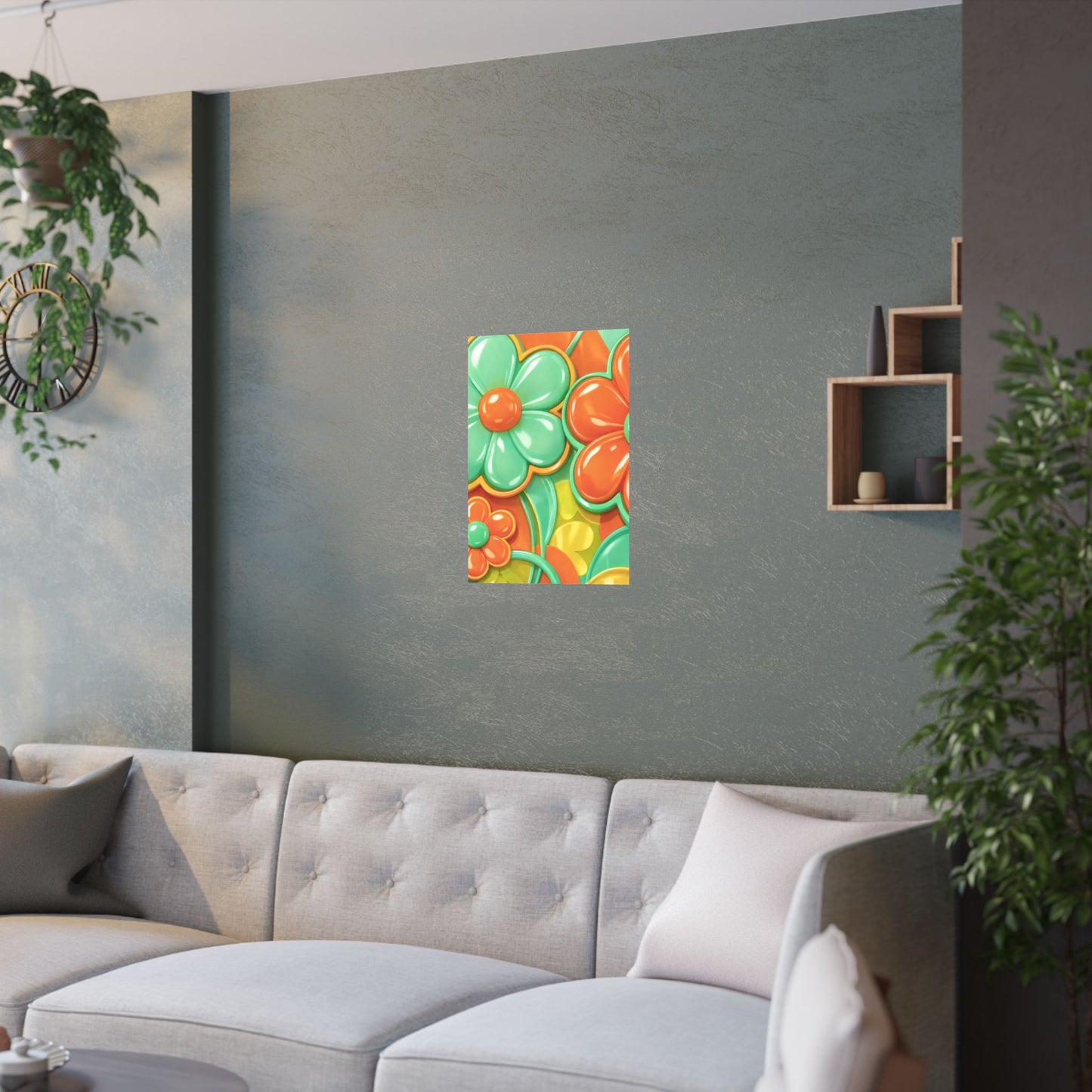 Retro Orange Teal Flower Pattern Poster | Satin Poster