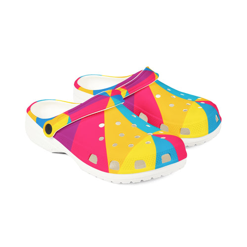 Colorful clogs with a polka dot pattern on a white background