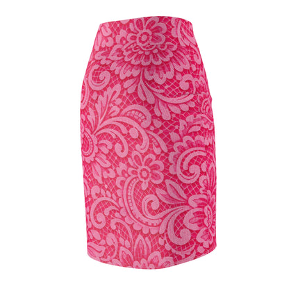 Pink Floral Lace-Print Pencil Skirt — Women's Fitted AOP