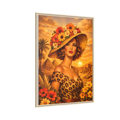 Elegant glamorous vintage woman in Egypt front of Giza pyramids at sunset, retro safari travel fashion illustration, Framed