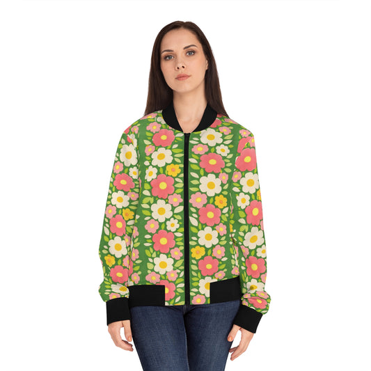 Floral Stripe Bomber Jacket - Retro Pink & Green All-Over Print