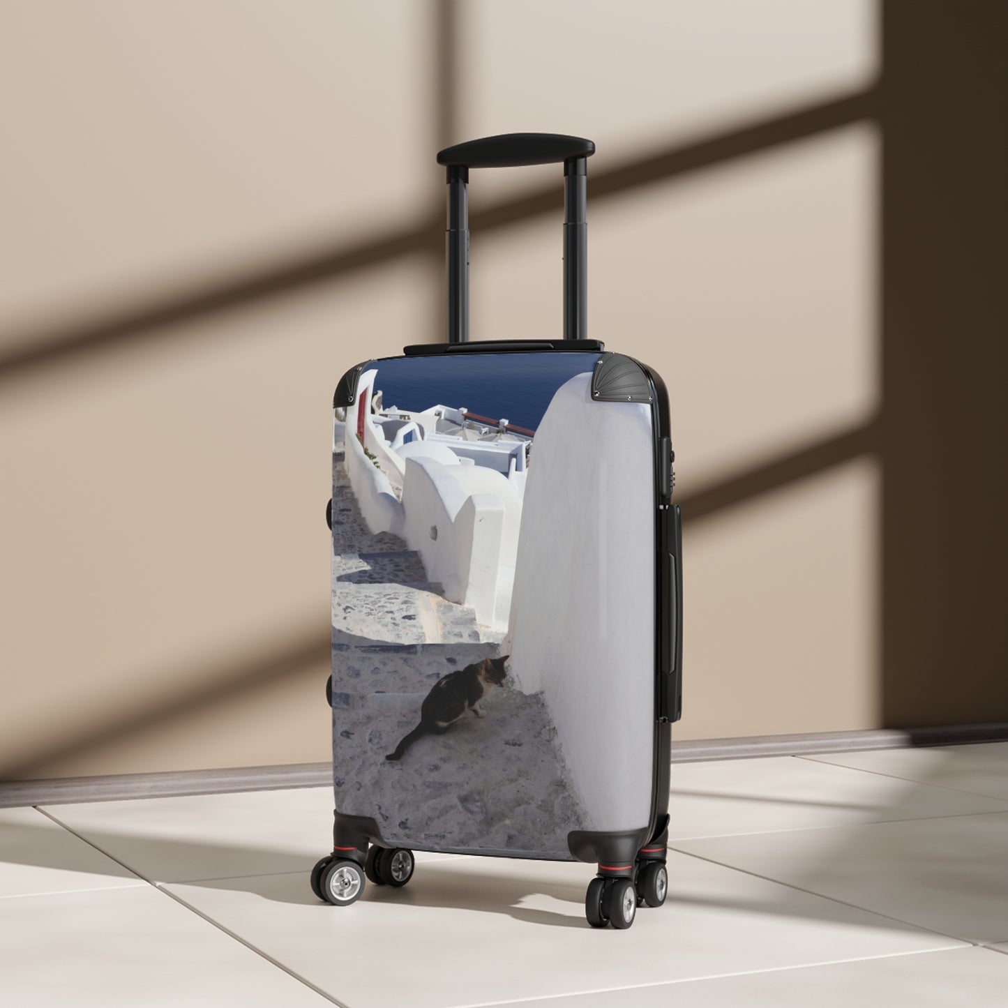 Luxury Santorini Oia Suitcase — Ghost City Edition — Lone Cat on Empty Streets Photography