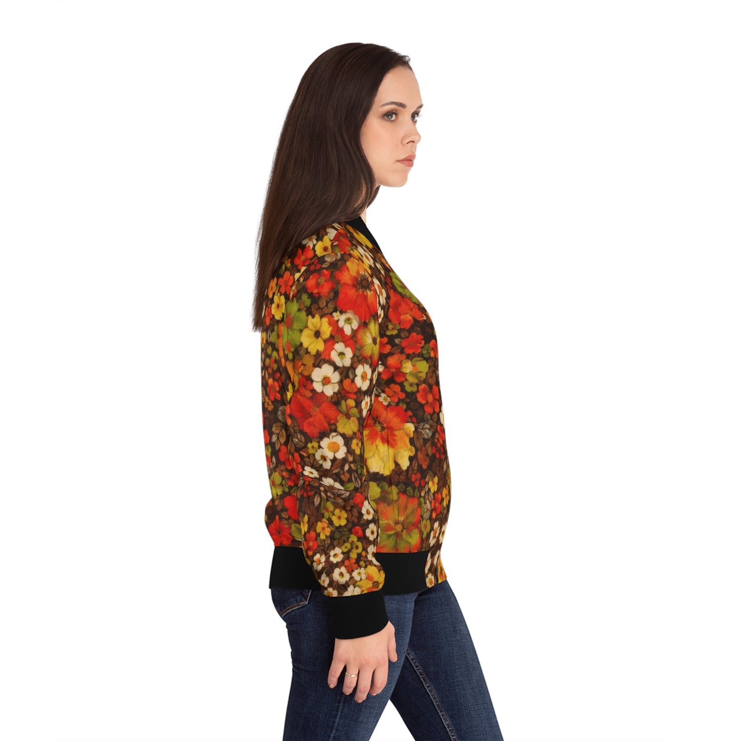 Floral Fall Bomber Jacket — Vintage Orange & Brown All-Over Print