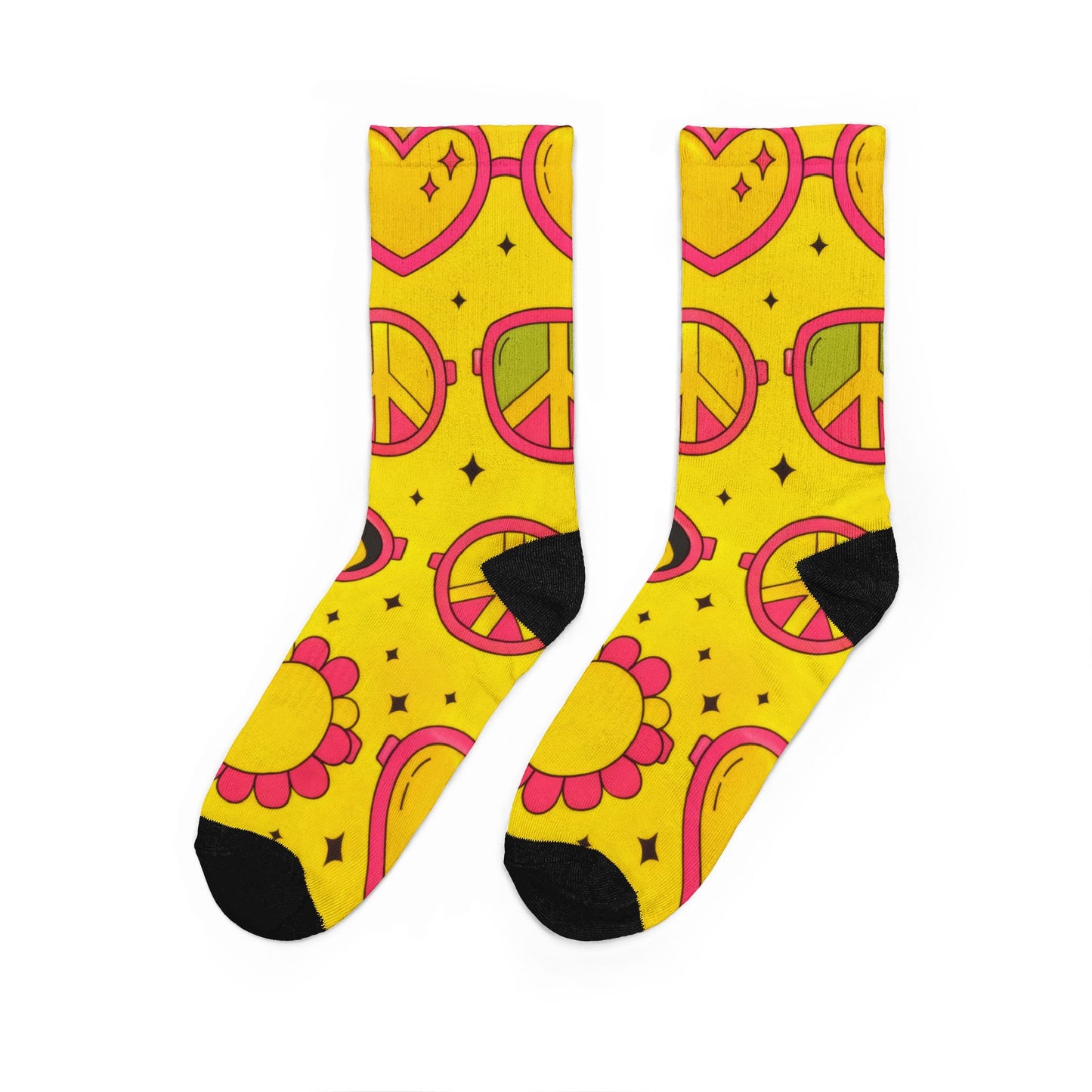 Retro Peace & Heart Pattern Crew Socks — Yellow Funky 70s Vibe