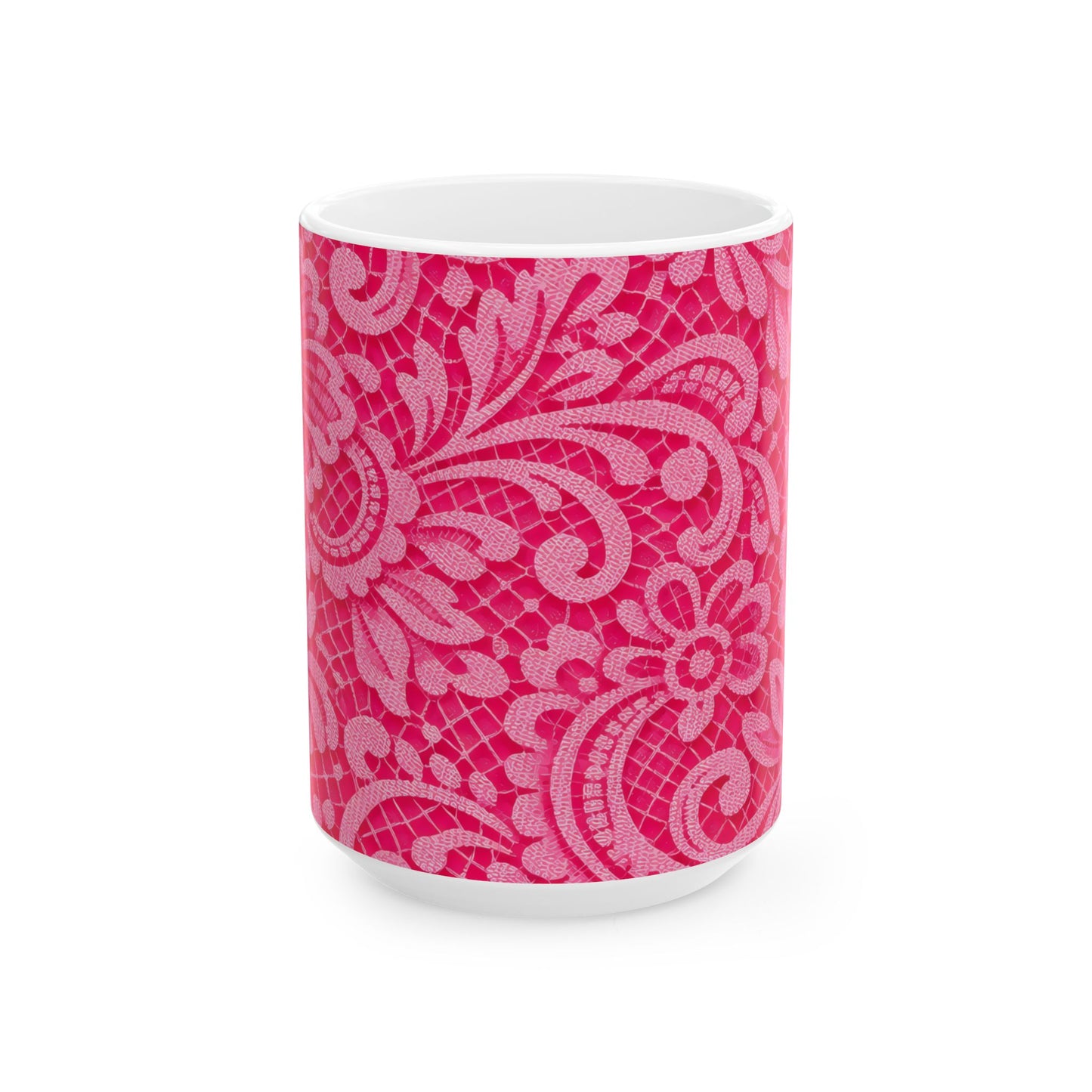 Pink Floral Lace Ceramic Mug — Decorative Paisley Pattern Coffee Cup (11oz, 15oz)