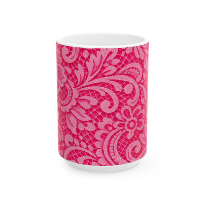 Pink Floral Lace Ceramic Mug — Decorative Paisley Pattern Coffee Cup (11oz, 15oz)