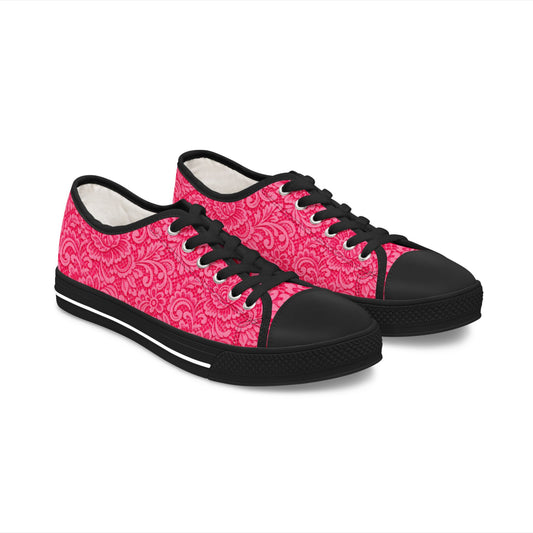 Pink Floral Lace Pattern Women's Low Top Sneakers — Casual Canvas Shoes for Spring & Everyday Wear