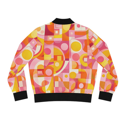 Retro Geometric Bomber Jacket — Pink & Yellow Abstract Pattern