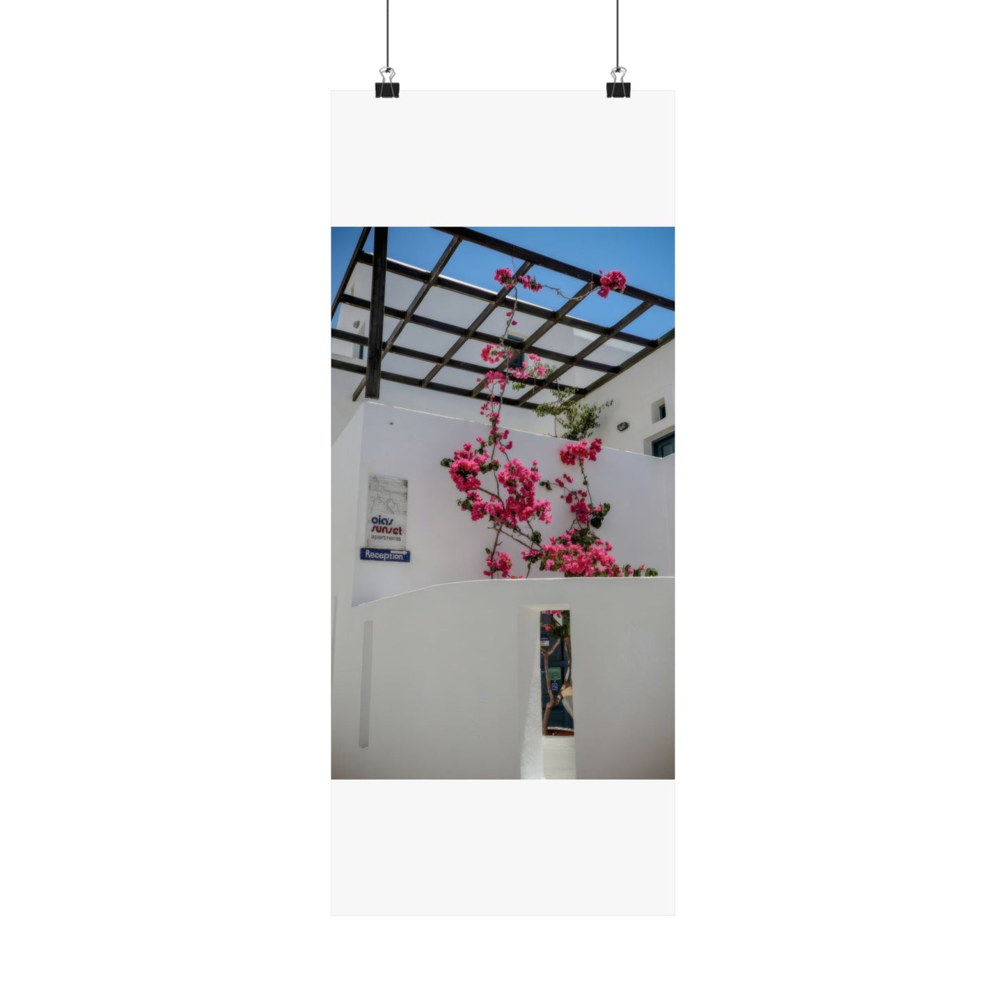 Santorini Bougainvillea Poster, Oia Greece White Architecture Art, Mediterranean Floral Wall Decor, Greek Island Photography Print Art Decor