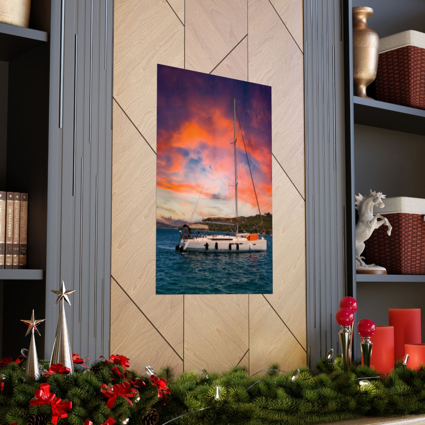 Luxury Yacht Sunset Poster, Mediterranean Sailing Wall Art, Vibrant Orange Sky Seascape, Nautical Home Decor, Modern Sailboat Print