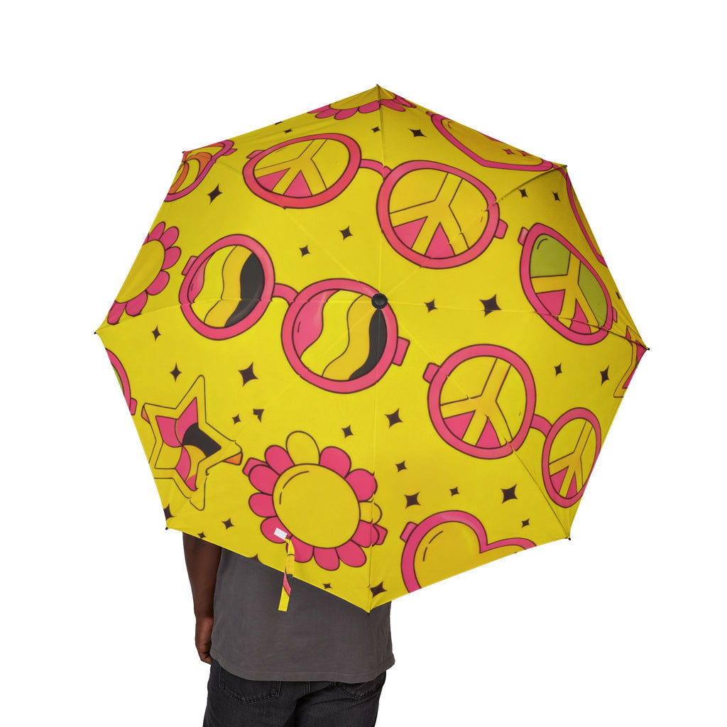 Foldable Umbrella — Bright Retro Peace & Hearts Pattern (Semi‑Automatic)