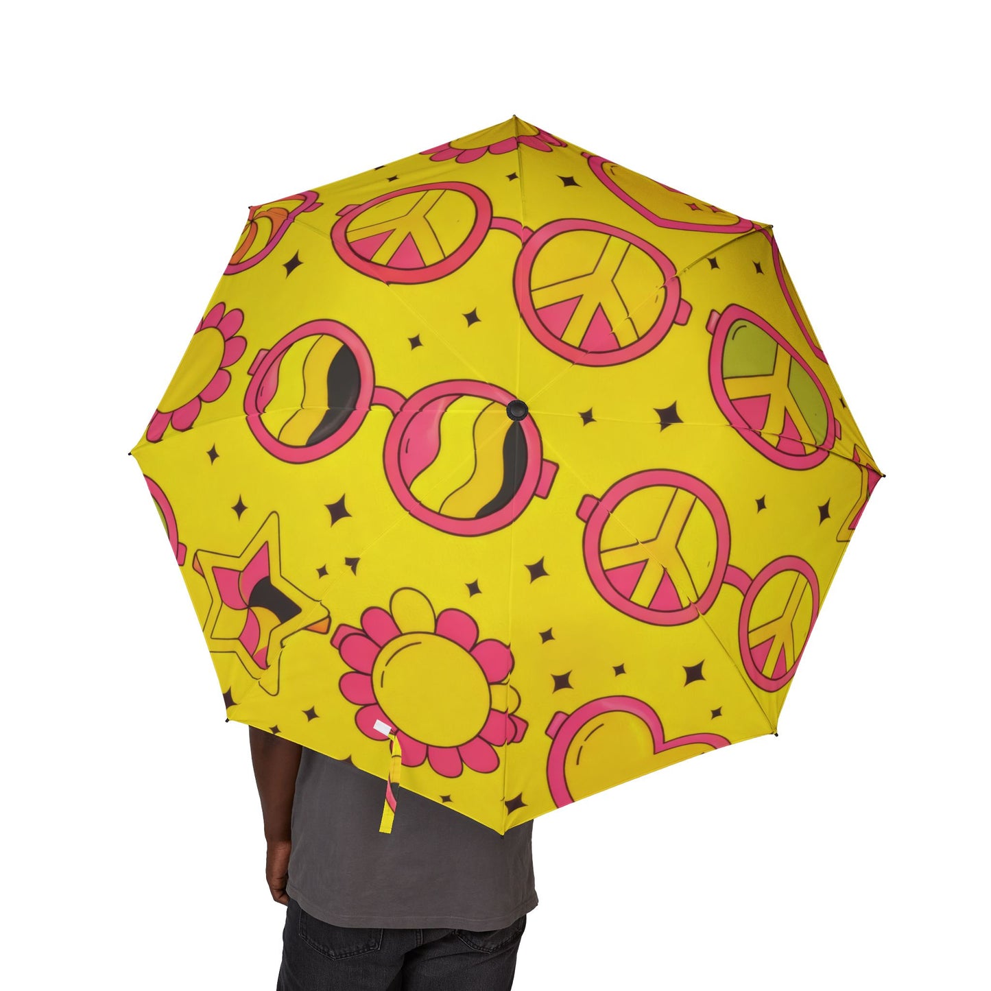 Foldable Umbrella — Bright Retro Peace & Hearts Pattern (Semi‑Automatic)