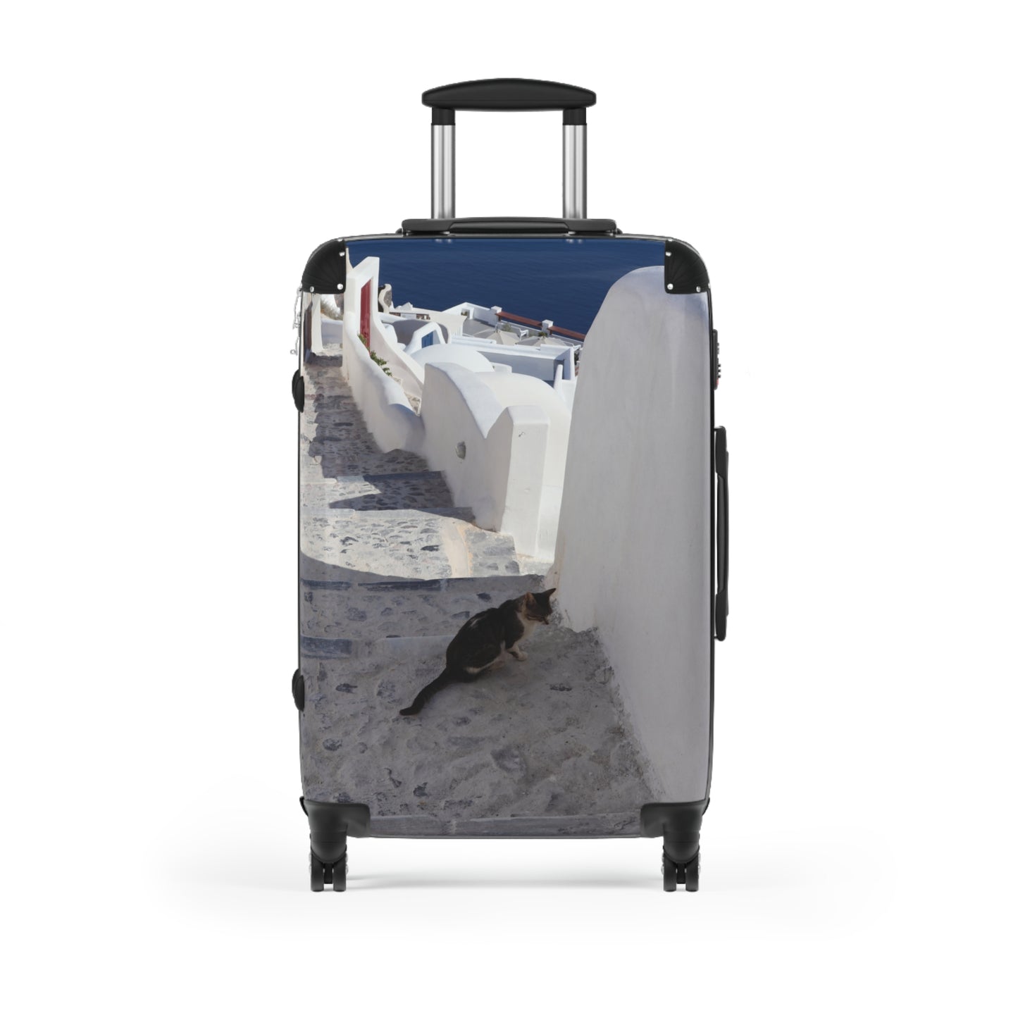 Luxury Santorini Oia Suitcase — Ghost City Edition — Lone Cat on Empty Streets Photography