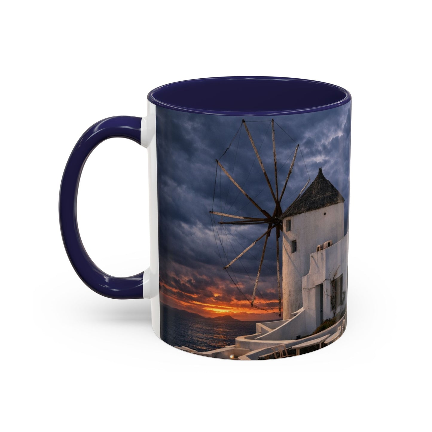 Santorini Windmill Storm Coffee Mug | Dramatic Sky Greek Travel Gift