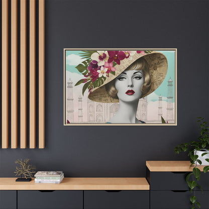 Elegant vintage pop art woman in front of Taj Mahal in India Canvas Wall Art