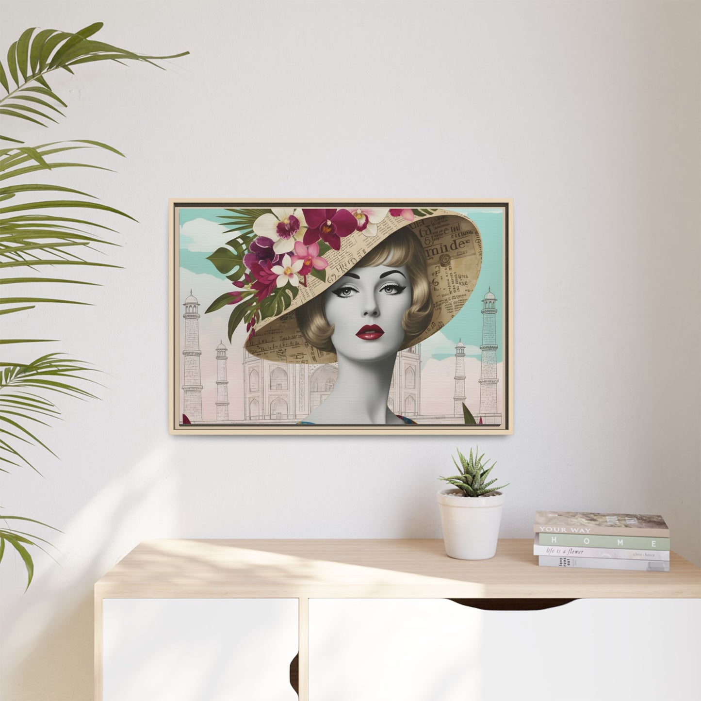 Elegant vintage pop art woman in front of Taj Mahal in India Canvas Wall Art