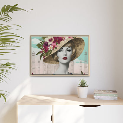 Elegant vintage pop art woman in front of Taj Mahal in India Canvas Wall Art