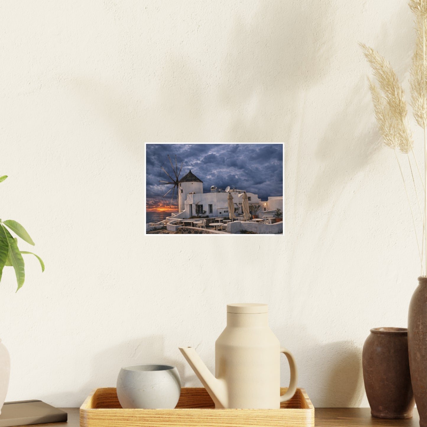 Oia Santorini Windmill Sunset Poster — Mediterranean Landscape Photo Art Print