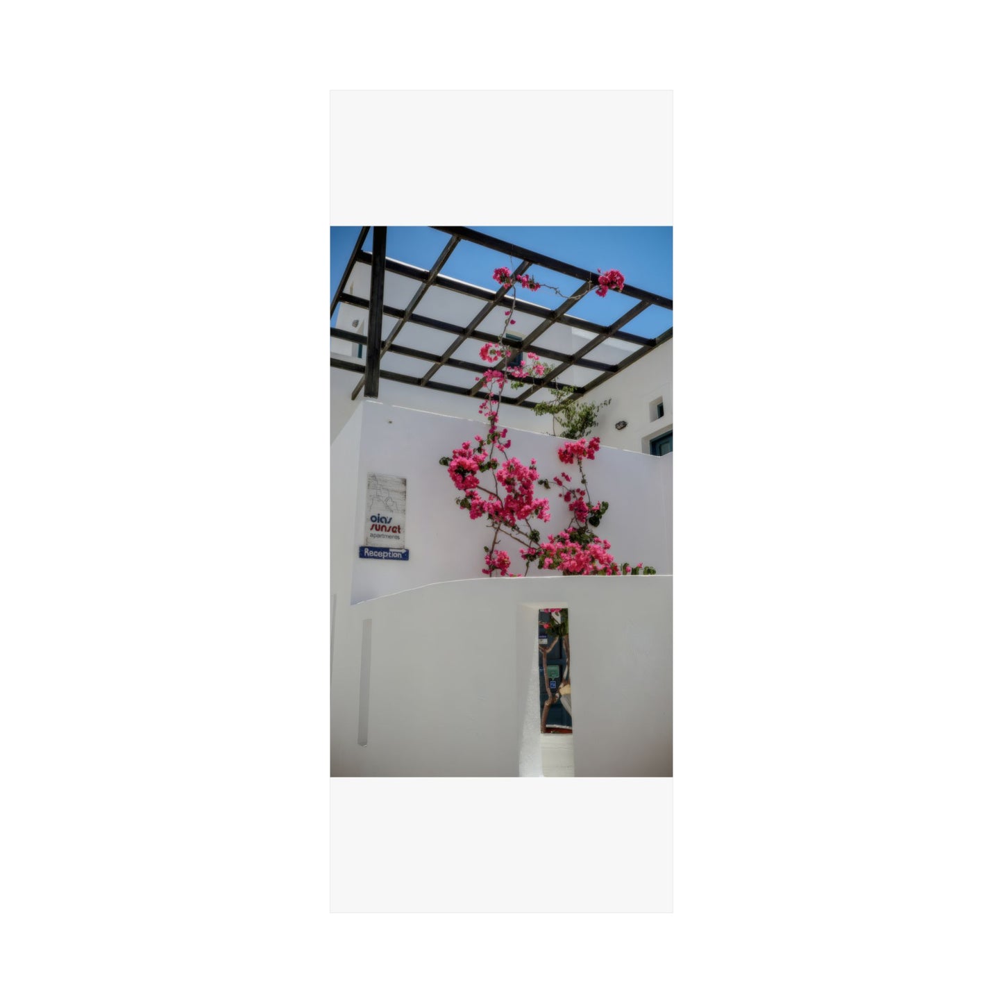 Santorini Bougainvillea Poster, Oia Greece White Architecture Art, Mediterranean Floral Wall Decor, Greek Island Photography Print Art Decor
