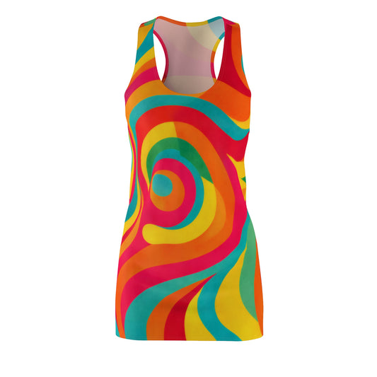 Psychedelic Swirl Racerback Dress — Vibrant Retro Rainbow AOP
