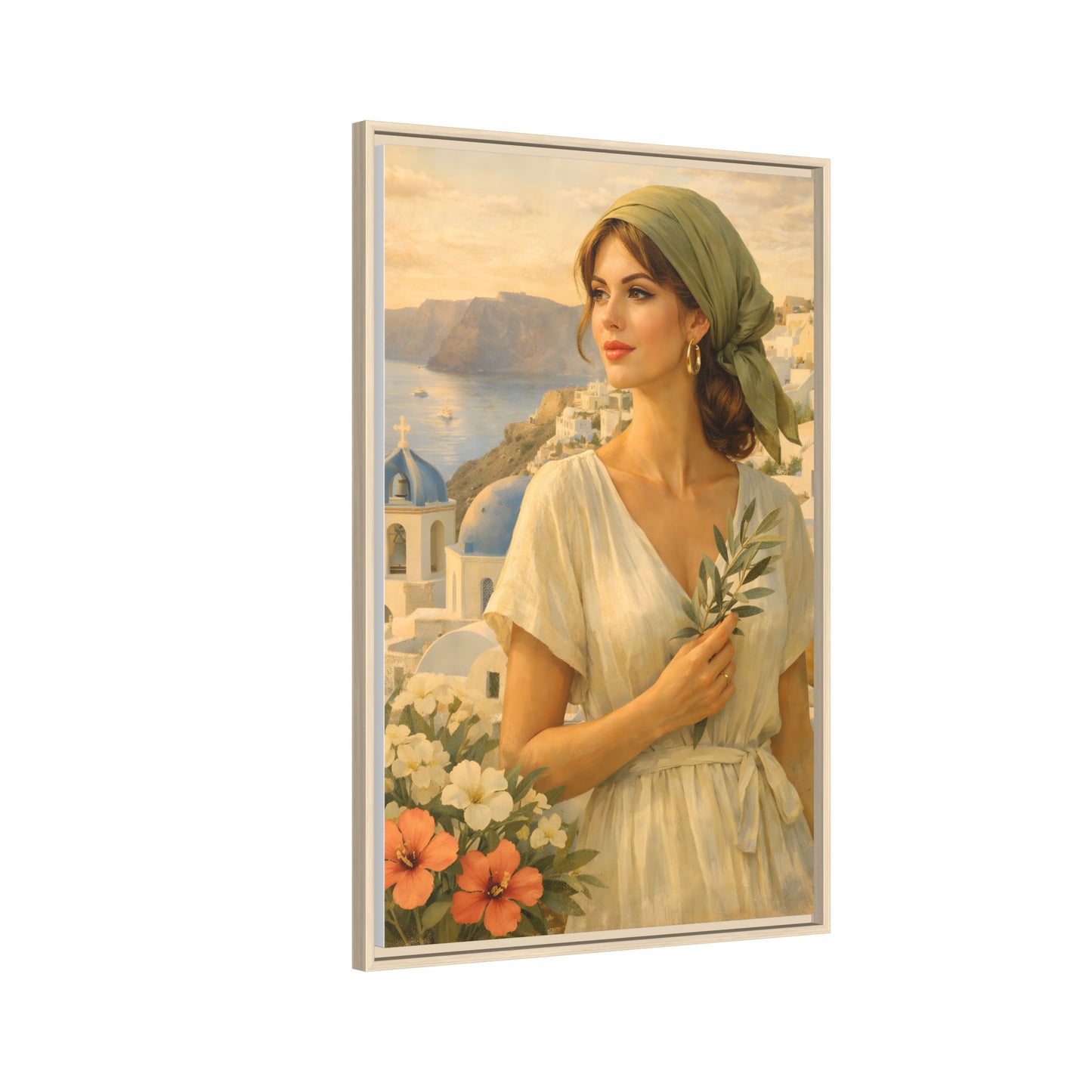 Oia Santorini Greek Woman Portrait — Romantic Vintage Framed Matte Canvas Art