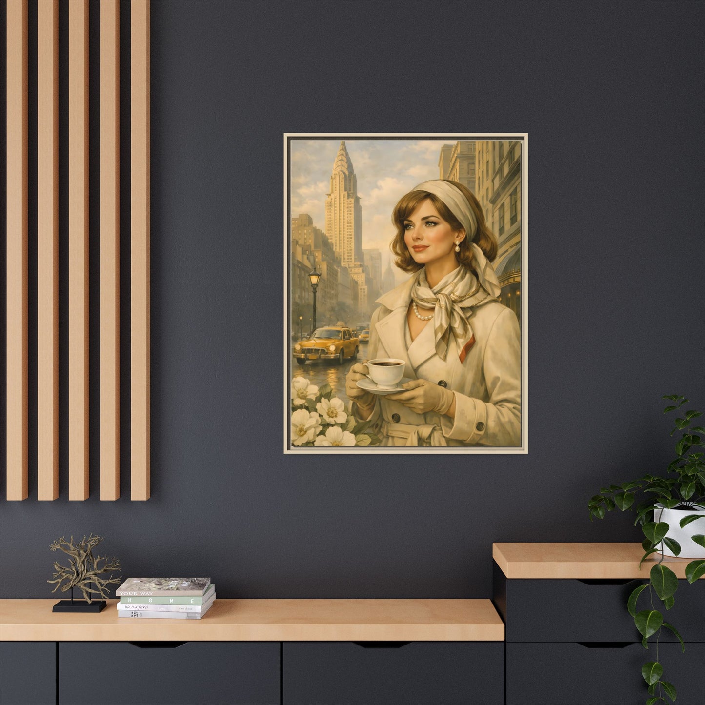 Elegant Vintage Woman with Coffee in New York — Retro Pop Art Framed Canvas
