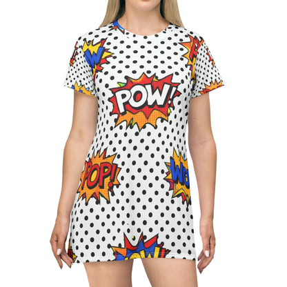 Comic Pop Art T-Shirt Dress — POW! WOW! Retro Polka Dot Graphic Dress