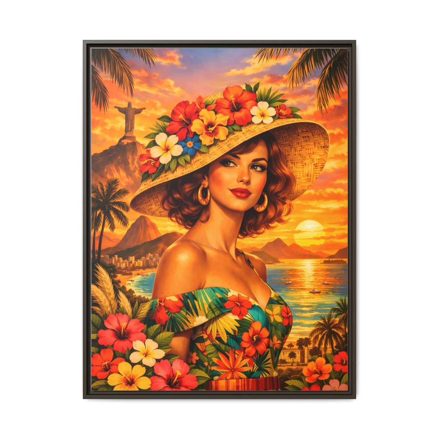 Elegant glamorous vintage woman in Rio de Janeiro front of Christ the Redeemer statue, retro Brazilian travel fashion illustration Canvas — Framed