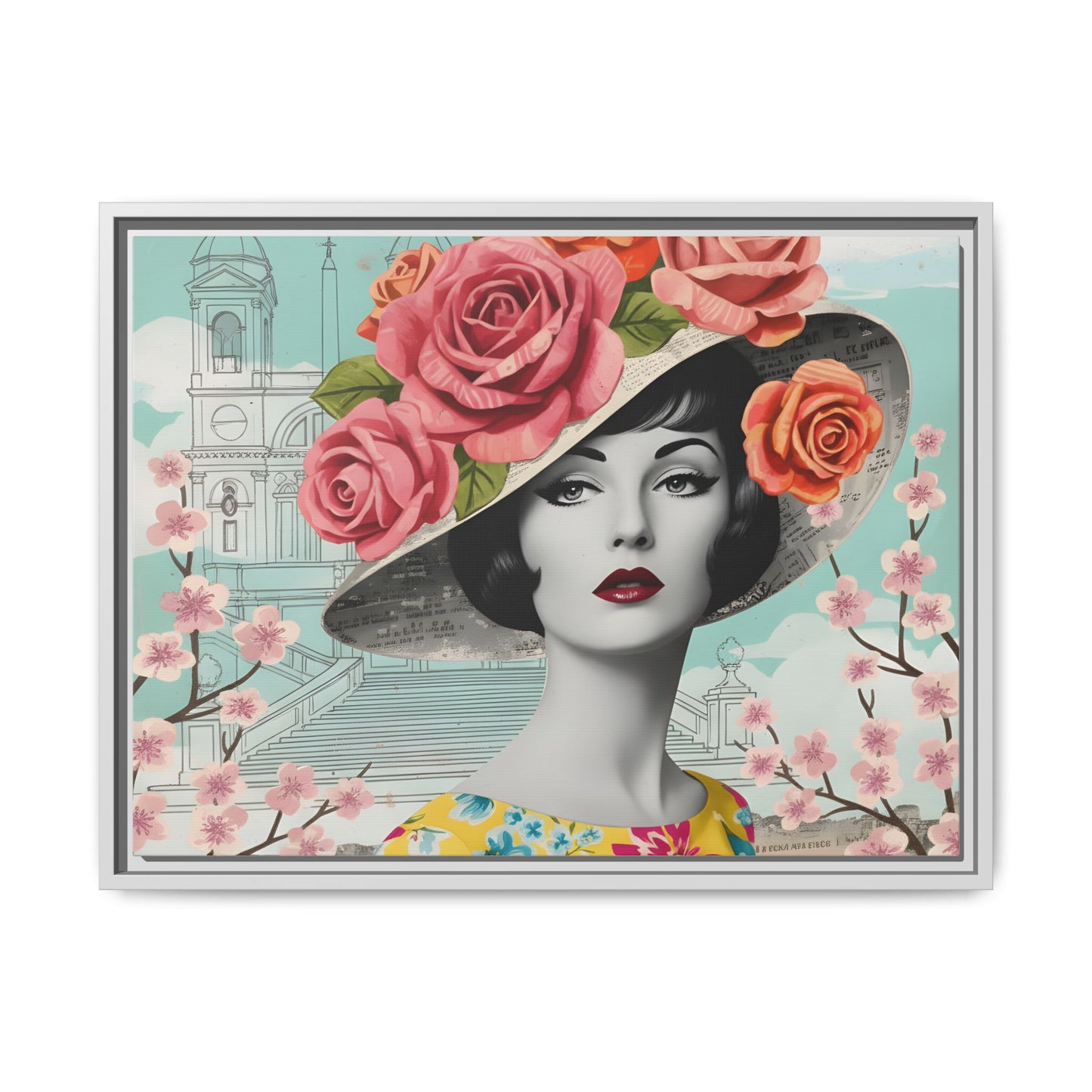 Elegant vintage pop art woman in front of Spanish Steps in Rome Canvas Print