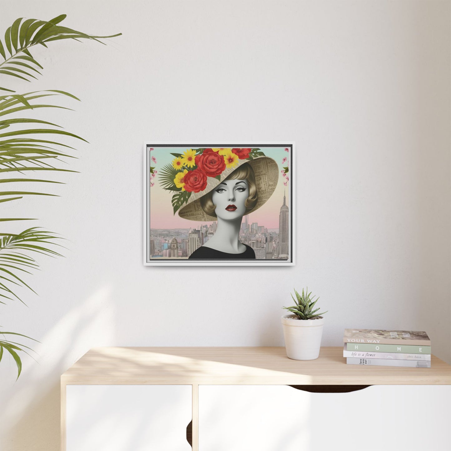 Blonde Lady with Floral Hat in New York — Vintage Pop Art Empire State Framed Canvas