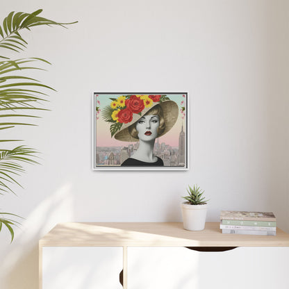 Blonde Lady with Floral Hat in New York — Vintage Pop Art Empire State Framed Canvas