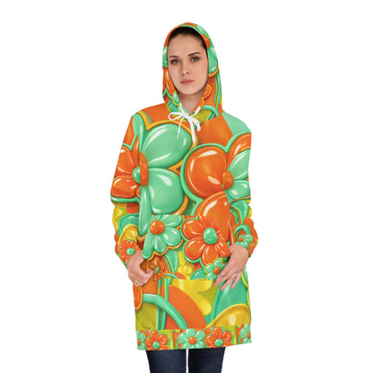 Retro Floral Hoodie Dress - Orange & Teal 60s Flower Power All-Over Print