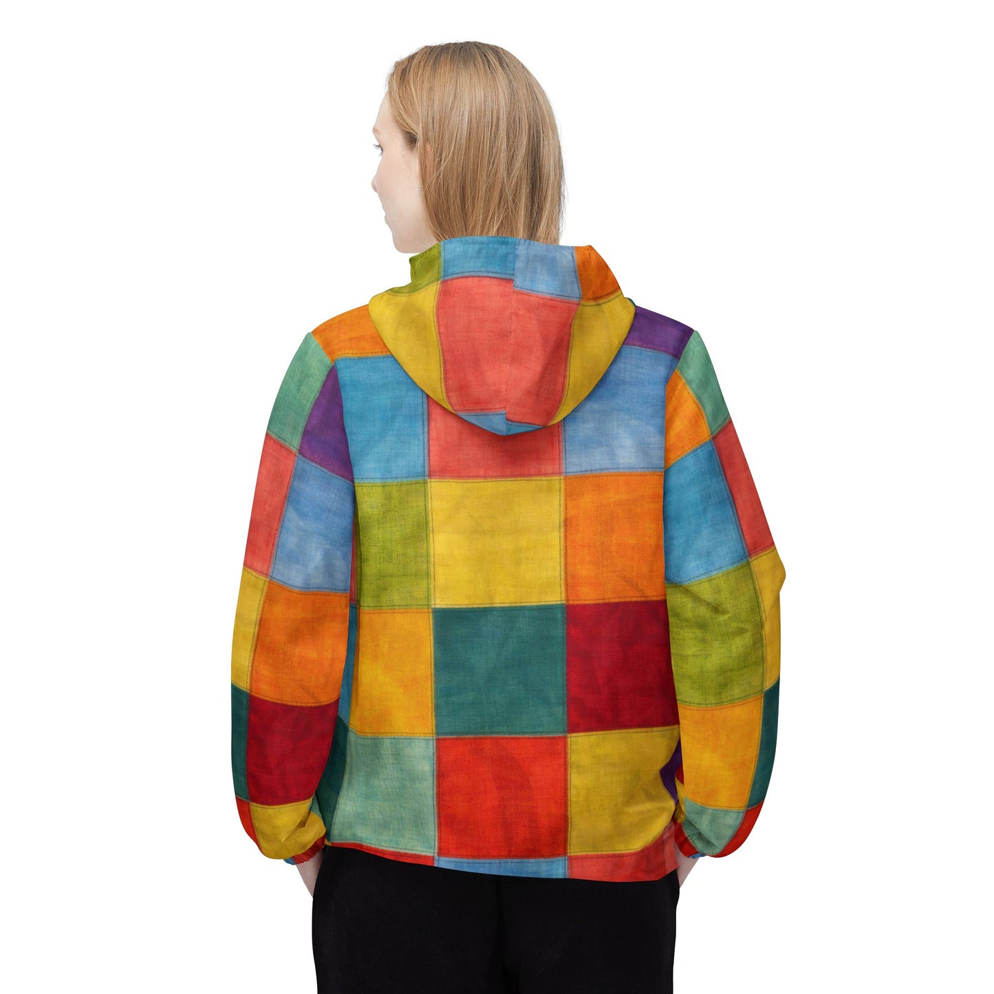 Colorblock Checkerboard Windbreaker Jacket — Vibrant Rainbow AOP Hoodie
