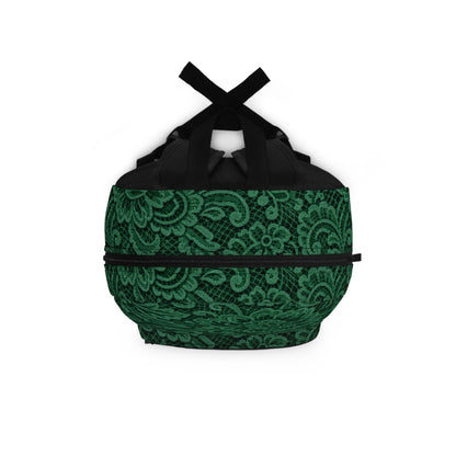 Green Floral Lace Pattern Backpack — Elegant Vintage-Style Daypack