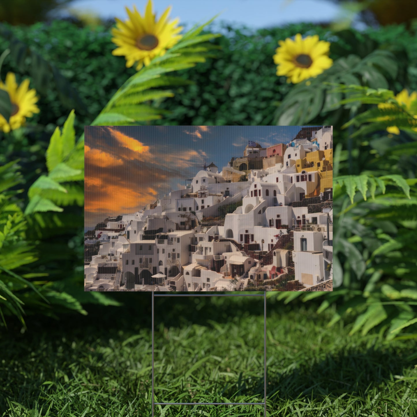 Santorini Sunset Yard Sign, Oia Greece Garden Decor, Mediterranean Outdoor Welcome Sign,