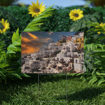 Santorini Sunset Yard Sign, Oia Greece Garden Decor, Mediterranean Outdoor Welcome Sign,