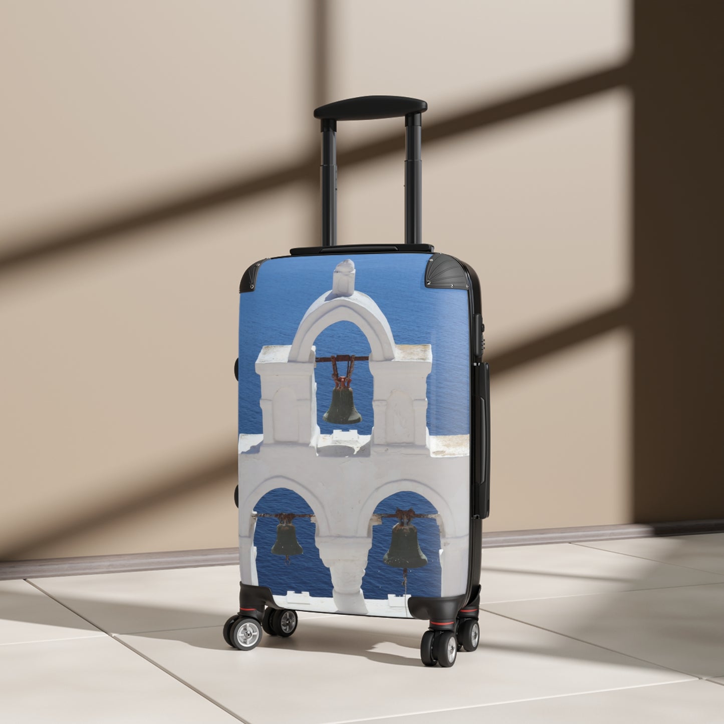 Luxury Santorini Oia Suitcase - Ghost City Edition - Triple Bell Tower Photography - Exclusive Greek Island Travel Bag