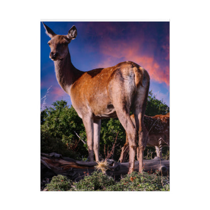 Majestic Deer Sunset Poster, Wild Doe and Fawn Nature Art, Purple Sky Wildlife Photography, Aesthetic Forest Wall Decor