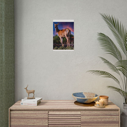 Majestic Deer Sunset Poster, Wild Doe and Fawn Nature Art, Purple Sky Wildlife Photography, Aesthetic Forest Wall Decor