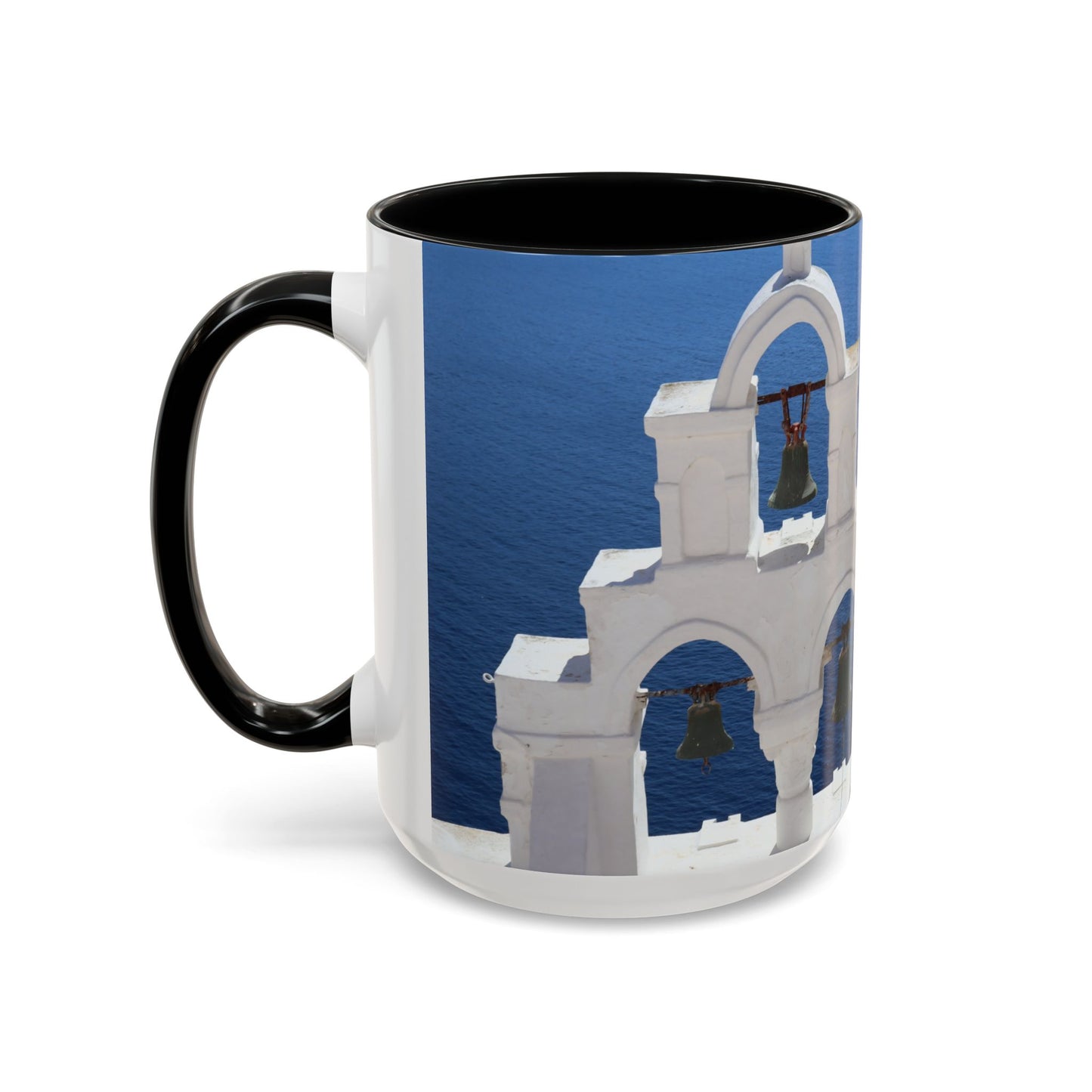 Santorini Bell Towers coffee mug | Greek island scene, blue sea accent mug