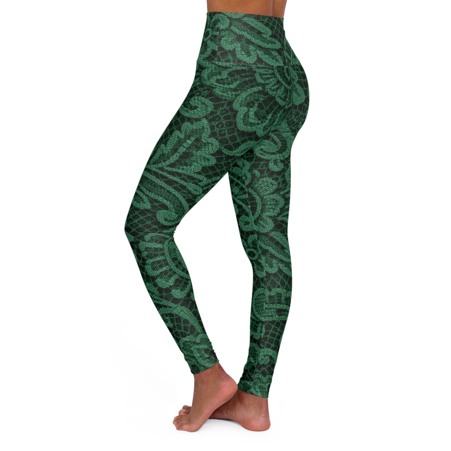 High-Waisted Yoga Leggings — Green Paisley Floral Print