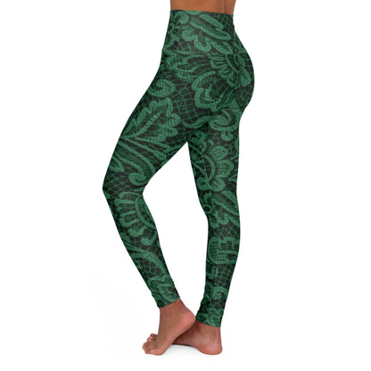High-Waisted Yoga Leggings — Green Paisley Floral Print