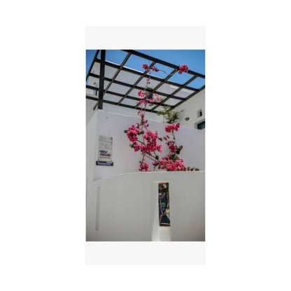 Santorini Bougainvillea Poster, Oia Greece White Architecture Art, Mediterranean Floral Wall Decor, Greek Island Photography Print Art Decor