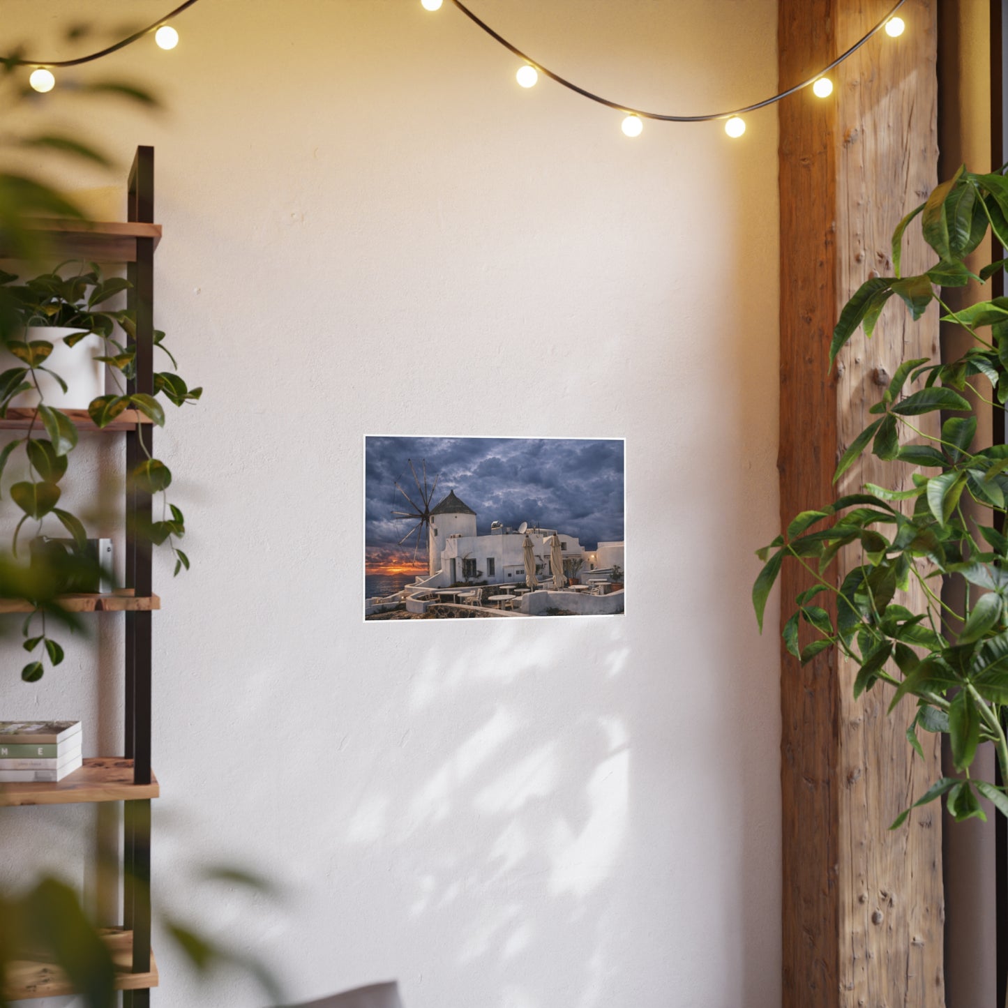 Oia Santorini Windmill Sunset Poster — Mediterranean Landscape Photo Art Print