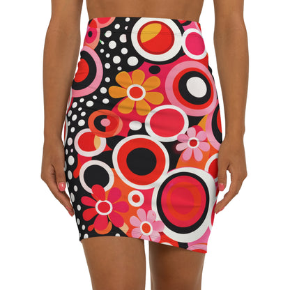 Retro Floral Circle Pencil Skirt — Vibrant 60s-Inspired Mid-Waist Skirt