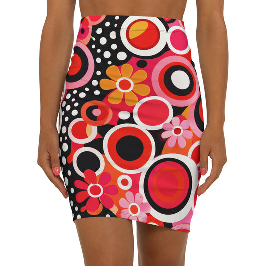 Retro Floral Circle Pencil Skirt — Vibrant 60s-Inspired Mid-Waist Skirt