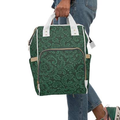 Green Paisley Diaper Backpack — Multifunctional Mom & Baby Organizer